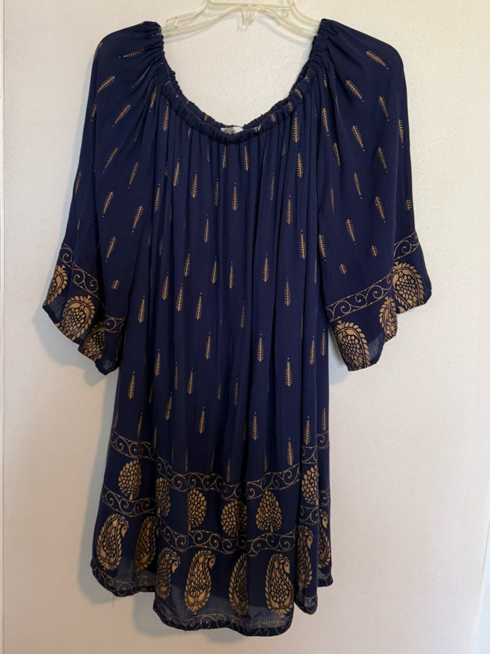 Navy Blue Boho Peasant Dress with Gold Print